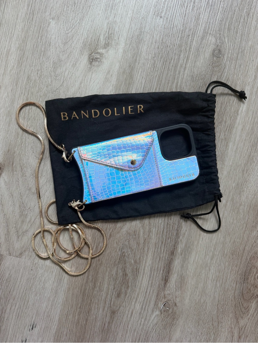 Bandolier Iridescent Holographic Blue Crossbody Phone Wallet with Gold Chain